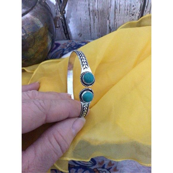Turquoise SilverPlate Bangle Bracelet Adjustable NEW - Picture 2 of 16